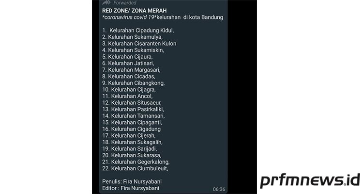  [HOAKS] Informasi Soal 22 Kelurahan di Kota Bandung Sebagai Zona Merah Corona.*