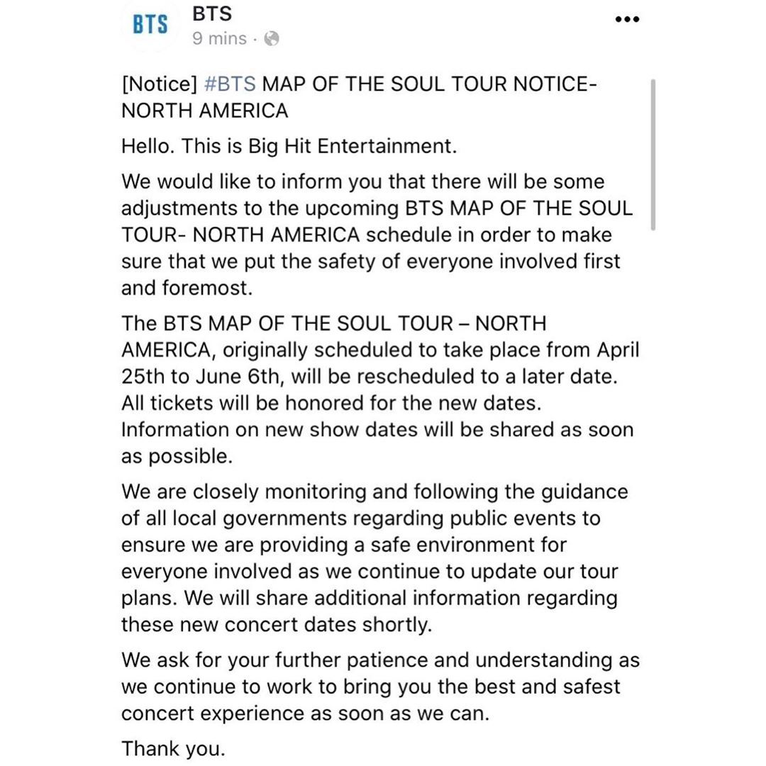 Pernyataan Big Hit Entertainment tentang konser dunia BTS.*