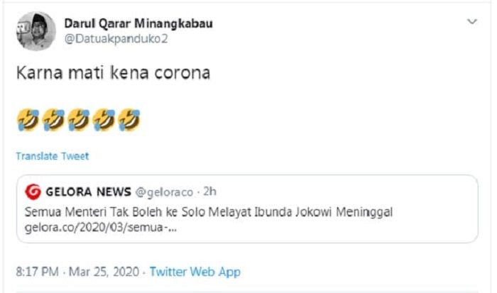 HOAKS Ibunda Jokowi meninggal karena corona.*