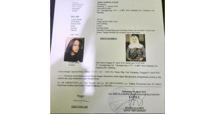 Surat laporan kehilangan di Polsek Katapang, Kabupaten Bandung.