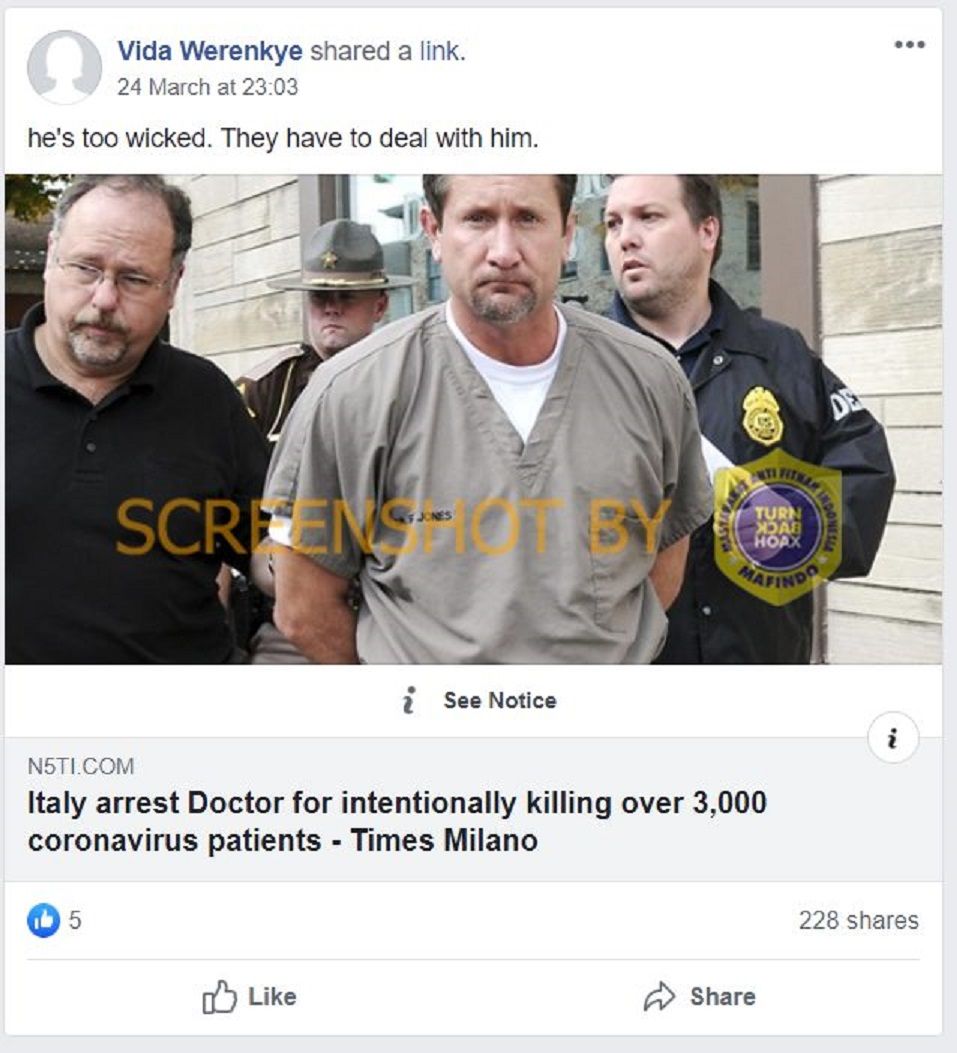 Postingan media sosial yang menyebut dokter Italia membunuh 3.000 pasien virus corona.