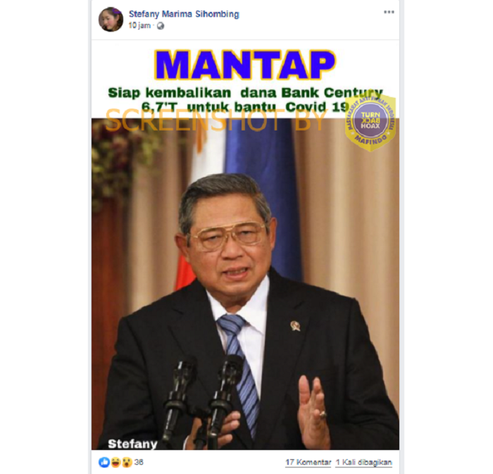HOAKS SBY akan mengembalikan dana Bank Century untuk membantu Covid-19.*