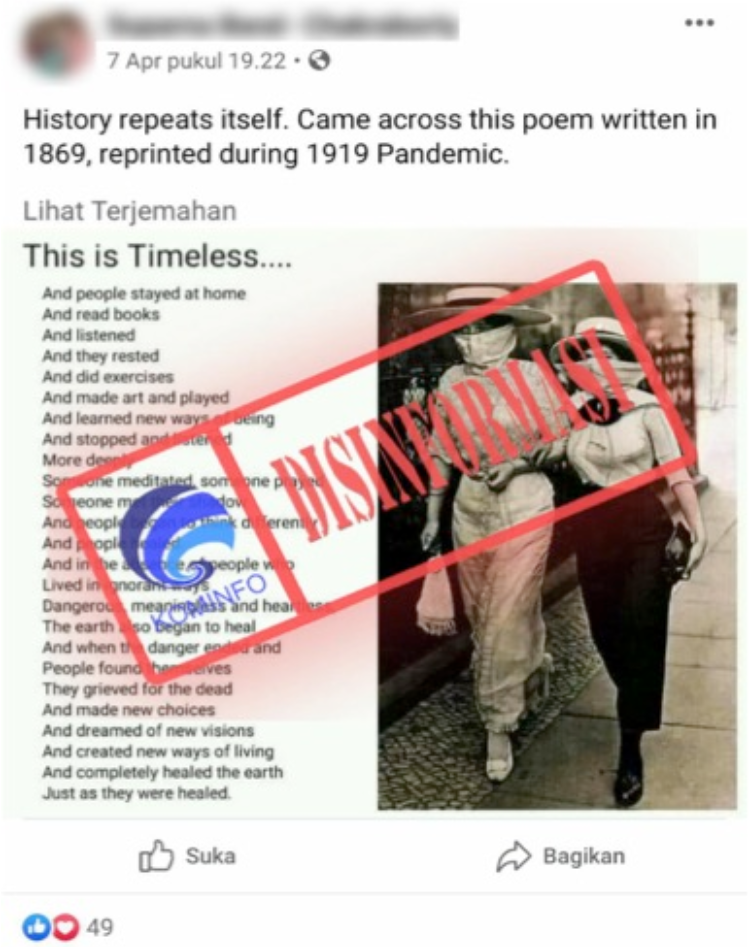 Tangkapan layar konten hoaks yang menyatakan sebuah puisi pandemi berasal dari tahun 1919, meski faktanya yang ada berbeda