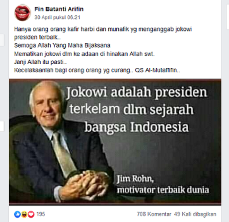 Hoax foto Jim Rohn dengan kalimat penyerta bernada hinaan pada Presiden Jokowi yang diunggah seorang pengguna Facebook