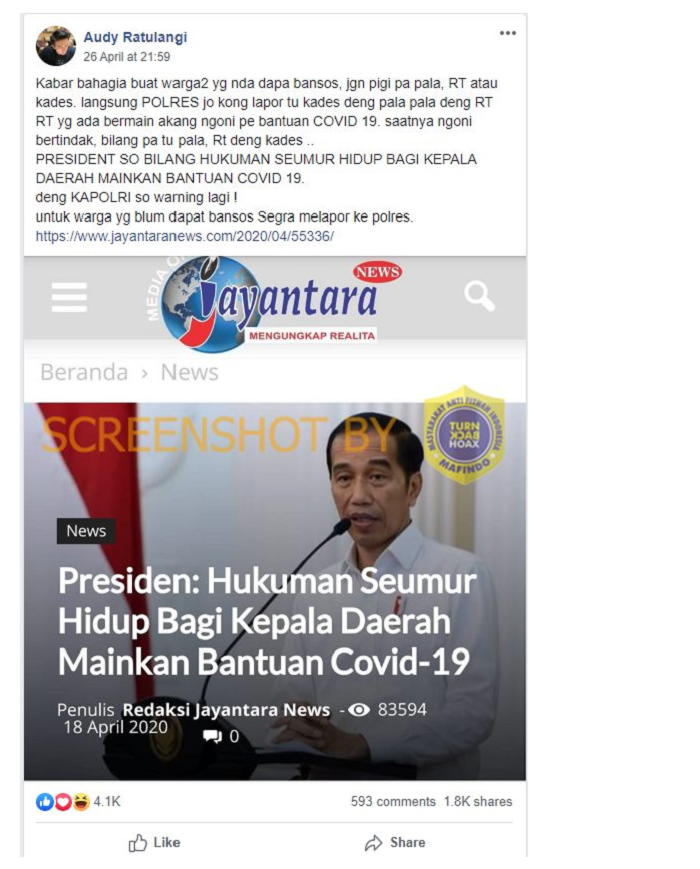 Sebuah unggahan pengguna Facebook menyatakan Presiden Jokowi akan menghukum seumur hidup  bagi kepala daerah penyeleweng bansos terdampak corona