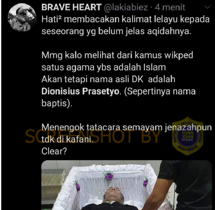 sebuah unggahan foto yang mengklaim proses pemakaman Didi Kempot tidak dilakukan secara islam karena nama awalnya yang terkesan nama baptis