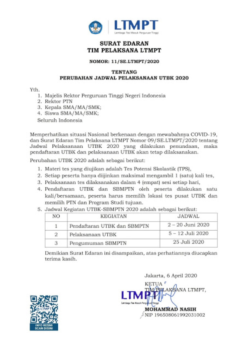 Surat edaran LTMPT Jadwal UTBK dan SBMPTN 2020