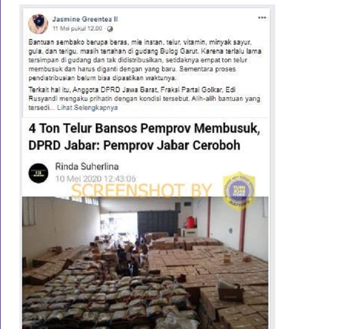 Beredar narasi dari seorang pengguna Facebook yang menyebutkan empat ton telur bansos Pemprov mengalami kebusukan dalam gudang bulog di Garut. 