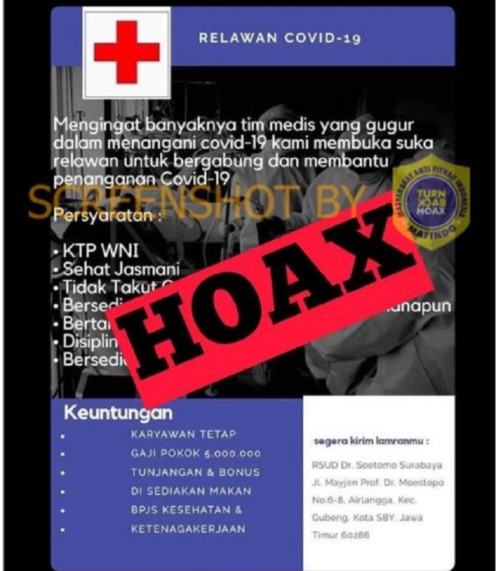 Beredar poster lowongan relawan yang dibuka untuk ditempatkan di RSUD Soetomo Surabaya. Poster itu menyebutkan amat membutuhkan nakes baru.*
