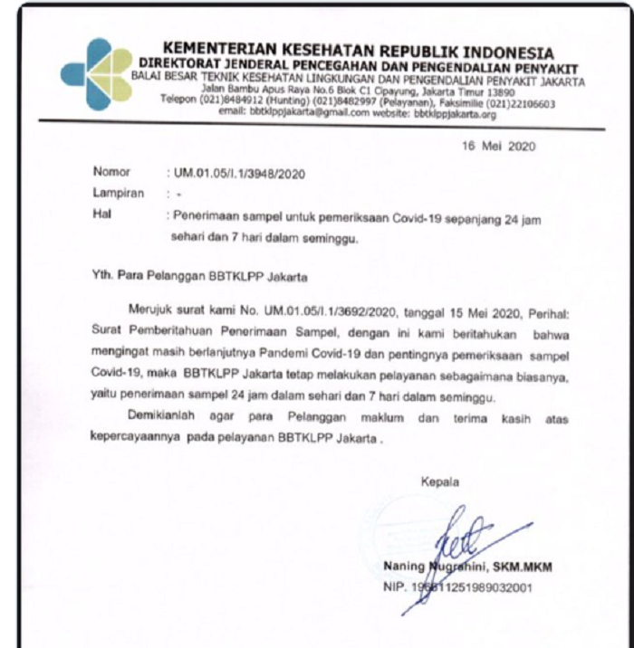 Surat asli yang resmi dikeluarkan untuk tidak meliburkan pegawai BBTKLP selama hari raya idul fitri tahun 2020. 