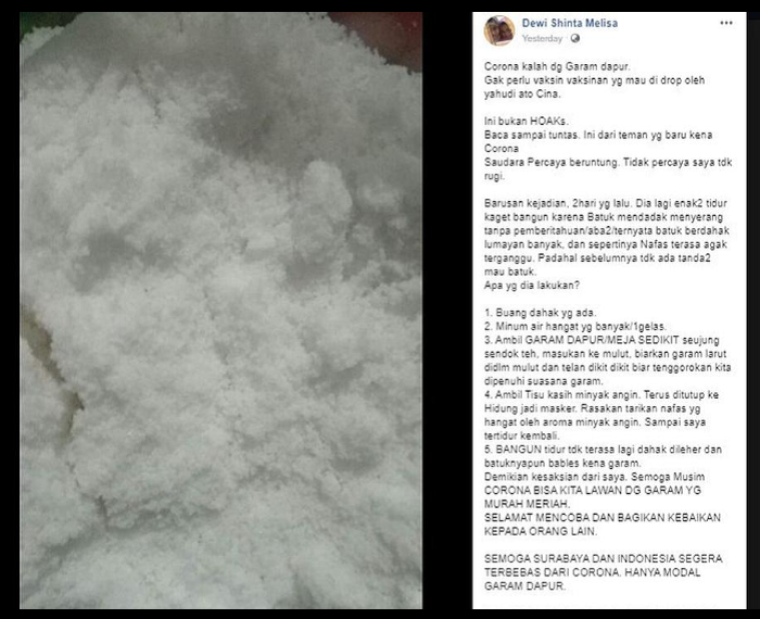 HOAKS narasi yang menyebut garam dapur dapat efektif sebagai bahan yang mencegah penularan Covid-19.*