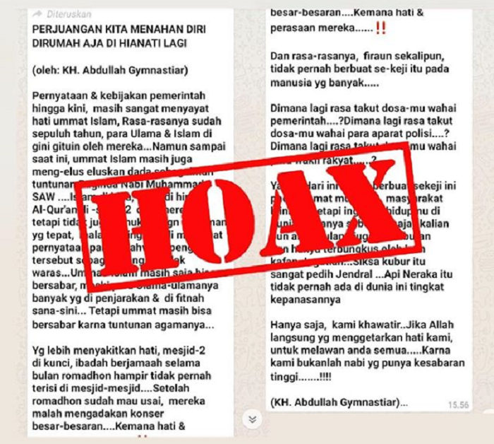HOAKS pesan bernada provokasi dari Aa Gym yang mengajak masyarakat muslim Indonesia untuk melawan dari aksi berdiam diri dalam rumah.*