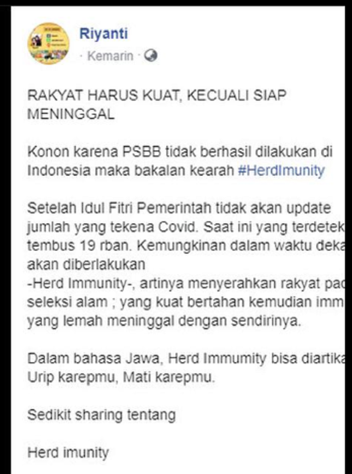 HOAKS narasi yang mengklaim Pemerintah Indonesia akan menerapkan Herd Immunity untuk memutus penularan Covid-19.*