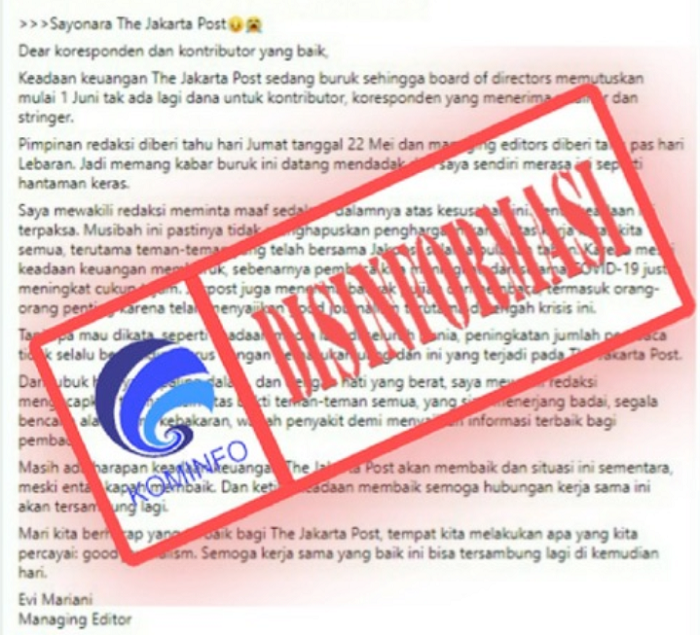 HOAKS yang menyebutkan surat kabar Jakarta Post akan ditutup usai alami kesulitan keuangan di tengah pandemi Covid-19.*