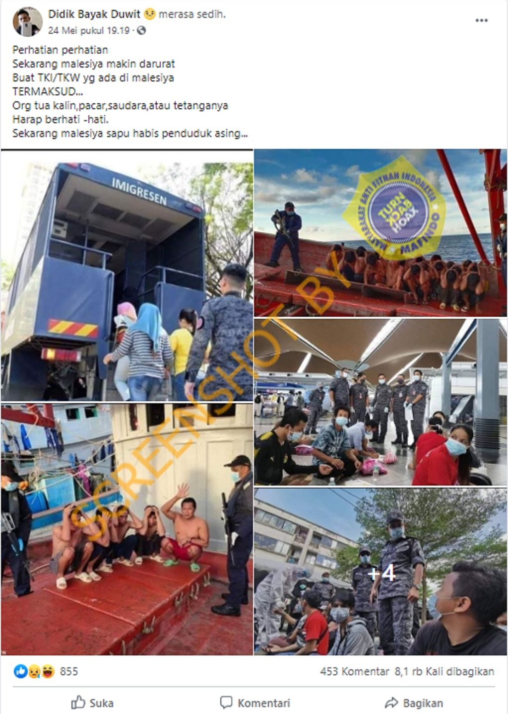 Tangkapan layar postingan di media sosial yang menyebut bahwa Malaysia tengah membersihkan negaranya dari TKI.*