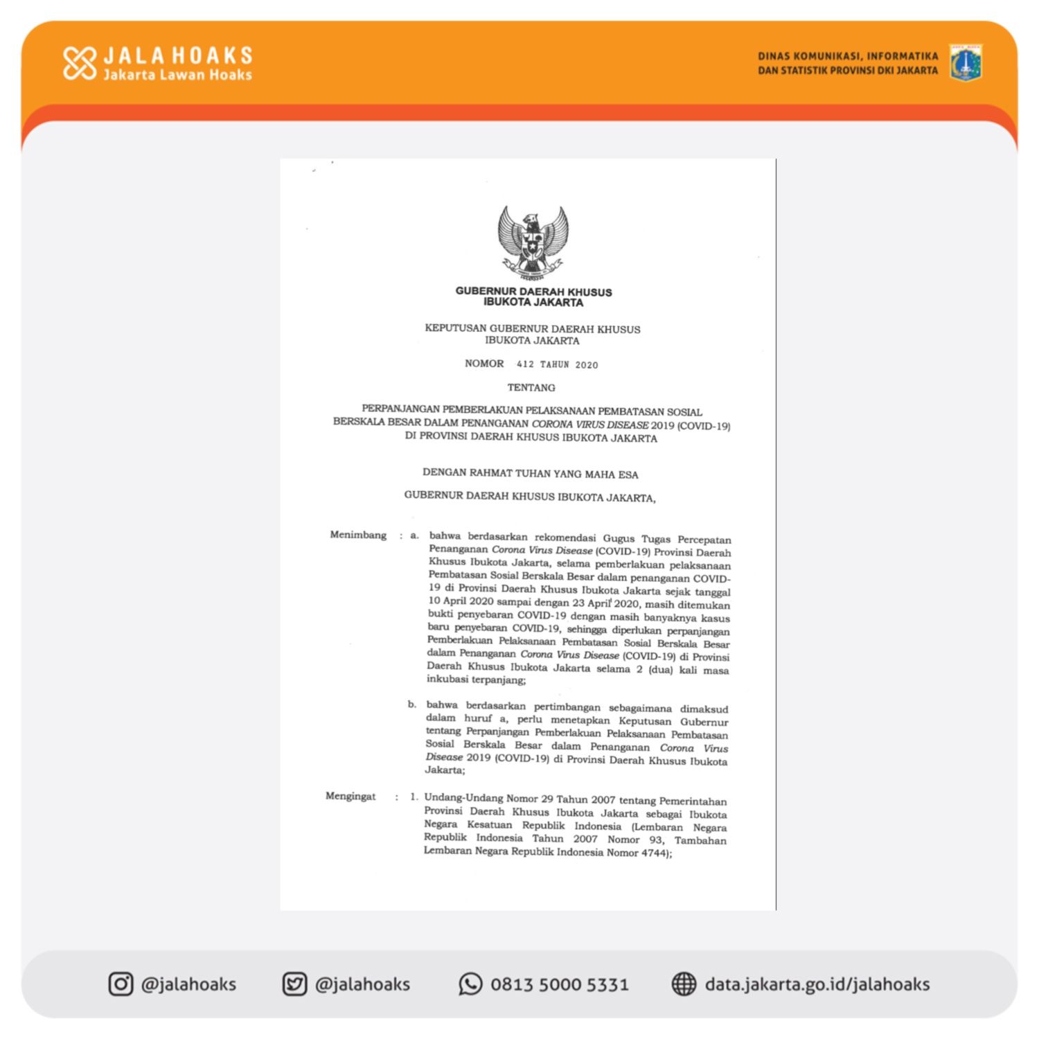 Hoaks surat keputusan Gubernur DKI Jakarta yang menyebut perpanjangan PSBB DKI Jakarta.