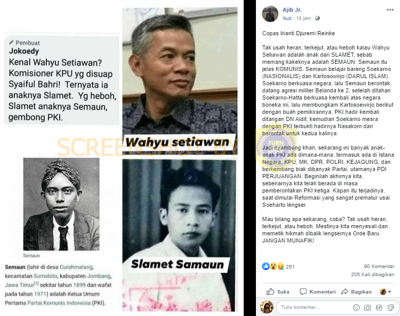 Postingan facebook yang menyebut eks Komisioner KPU Wahyu Setiawan merupakan keturunan Ketua PKI, Semaun
