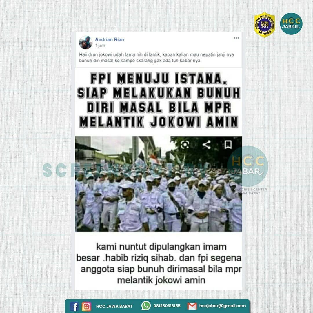 HOAKS FPI akan bunuh diri massal jika MPR lantik Jokowi-Amin