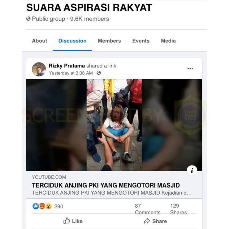 SCREENSHOT akun Facebook Rizky Pratama yang membagikan video di grup Suara Aspirasi Rakyat