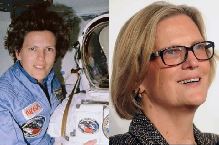 Kathy Sullivan berpose di samping baju astronotnya pada 1995 (kiri), Kathy Sullivan pada tahun 2014 (kanan).