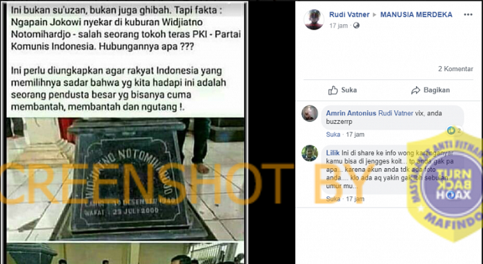 Tangkapan layar pengguna Facebook yang menyebarkan hoaks tentang Presiden Jokowi.*