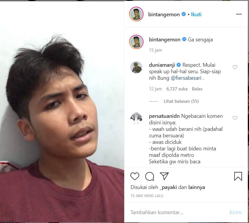 KOMEDIAN Bintang Emon, baru-baru ini mengunggah video menyikapi tuntutan hukuman yang dilayangkan JPU bagi kedua pelaku penyiraman air keras kepada Novel  Baswedan.*/@bintangemon