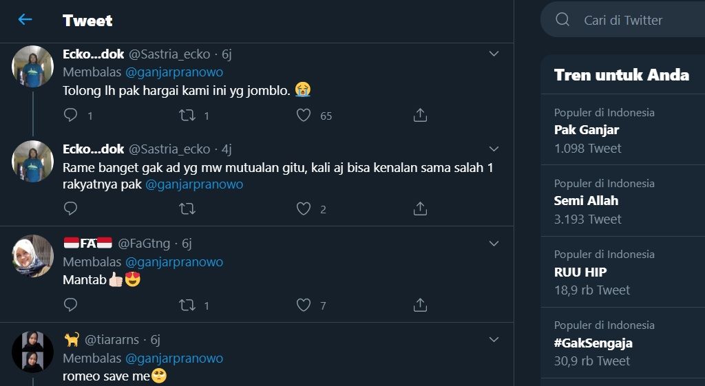 WARGA twitter iri hati atas unggahan kemesraan Ganjar Pranowo dan sang istri Siti Atiqoh Supriyanti*/twitter/@Satrio_ecko