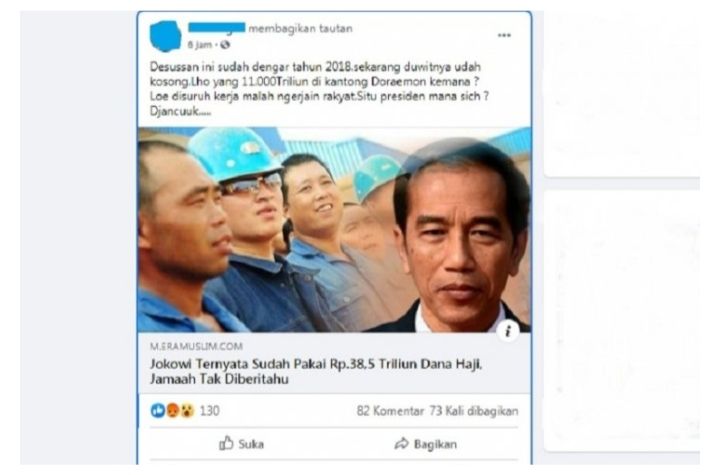 Tangkapan layar hoaks Presiden Jokowi gunakan dana haji (Facebook)