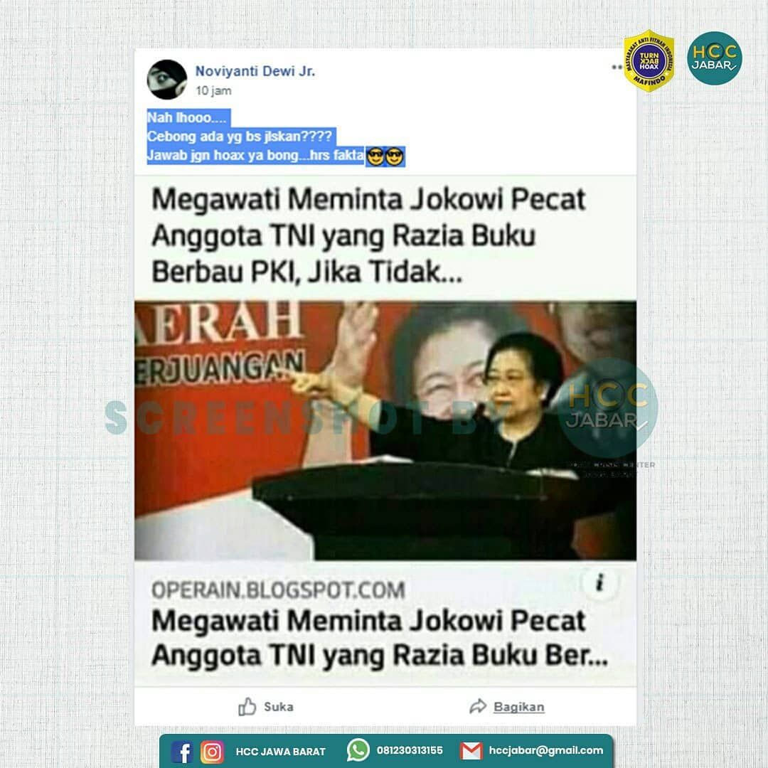 MISLEADING CONTENT - Megawati minta Presiden Jokowi pecat Anggota TNI yang merazia buku berbau PKI.*