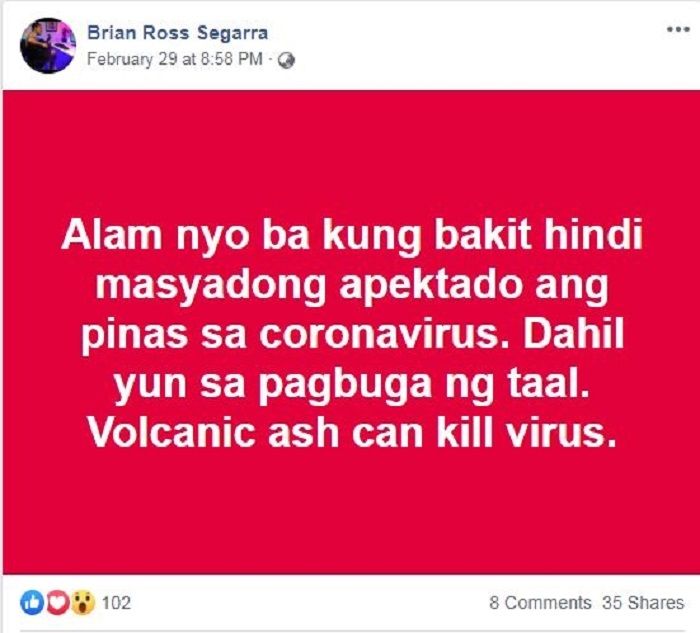 HOAKS - informasi dalambahasa Tagalog yang mengklaim bahwa letusan gunung berapi di Filipina dapat membunuh Virus Corona.*