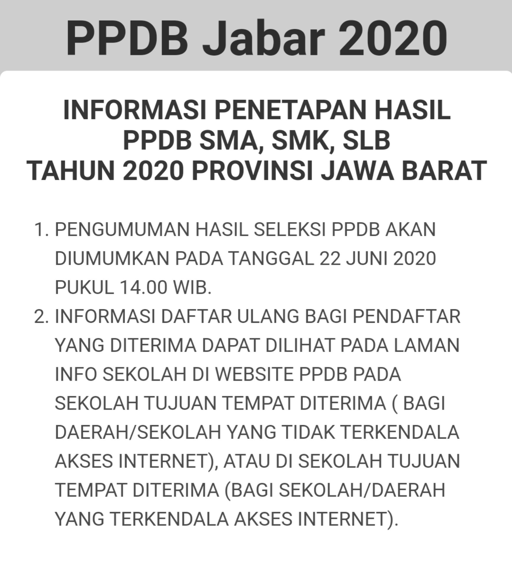 PENGUMUMAN hasil PPDB SMA, SMK, dan SLB tahun 2020 Provinsi Jawa Barat