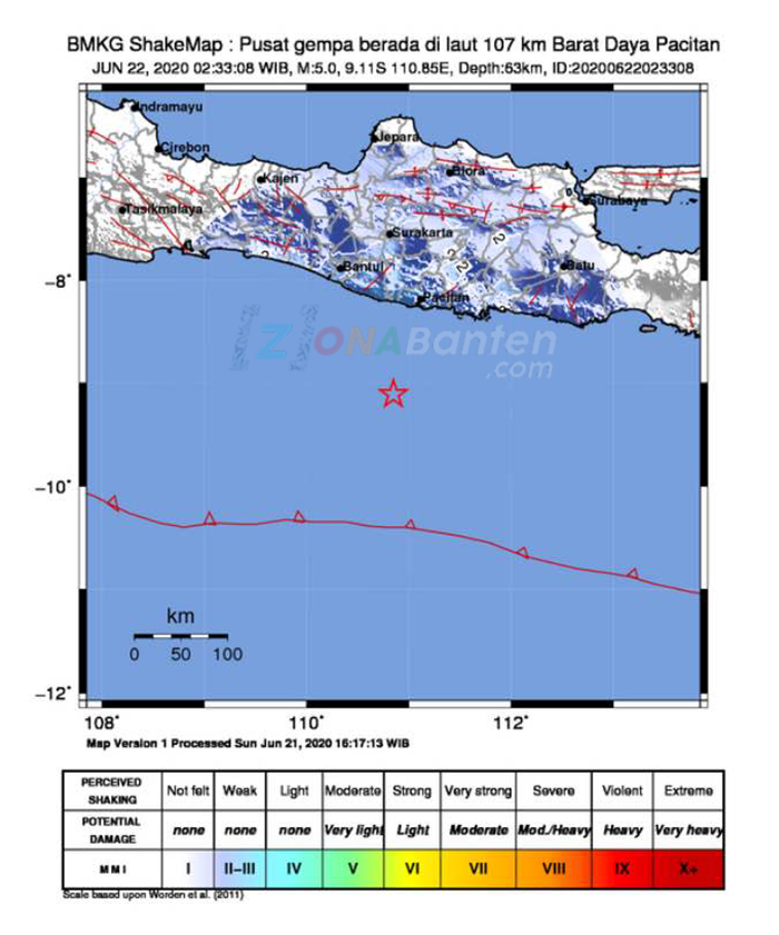 (BMKG) merilis info telah terjadi gempa dengan skala magnitudo 5,0 pada pukul 02.33 WIB, pusat gempa 107 km barat daya Pacitan, Jawa Timur