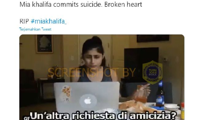 BEREDA kabar hoaks di media sosial Twitter yang menyebut mantang bintang film dewasa, Mia Khalifa bunuh diri.*