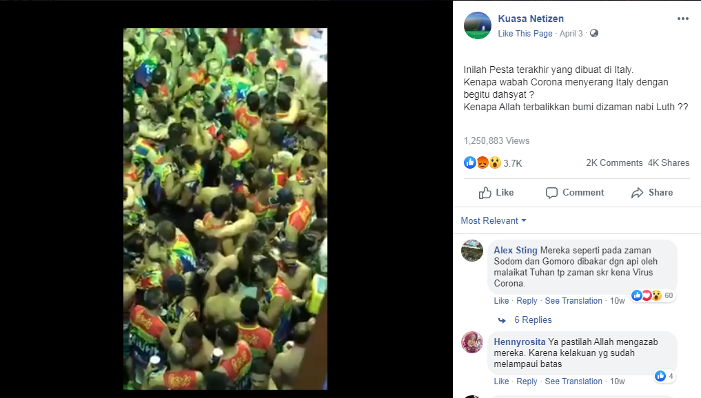 HOAKS - Video diklaim menunjukkan pesta gay atau homoseksual di Italia beberapa saat sebelum negara itu terkena wabah virus corona baru.*