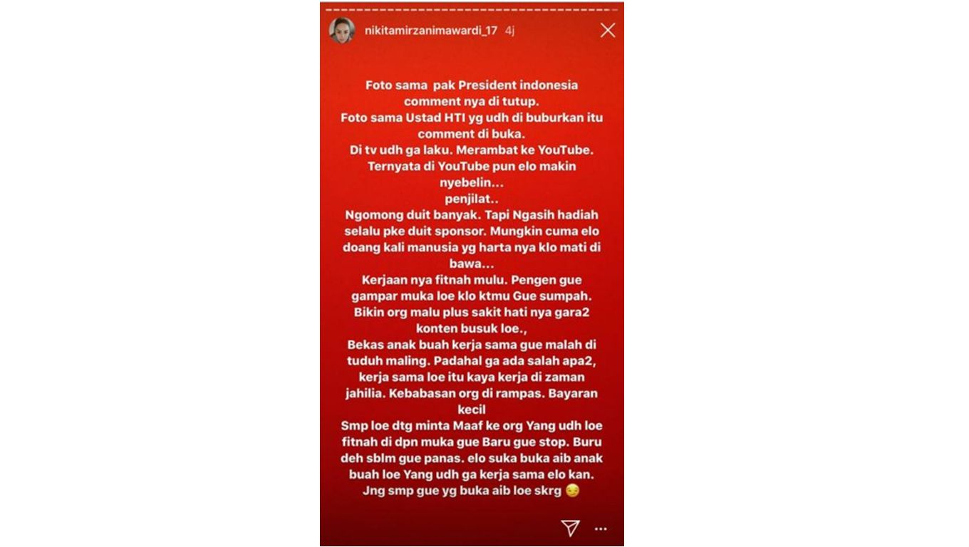 Unggahan IG Story Nikita Mirzani yang disebut sindir Baim Wong (Instagram/@nikitamirzanimawardi_17)
