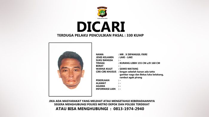 Sketsa wajah pelaku penculikan delapan anak di Depok, Jawa Barat.*