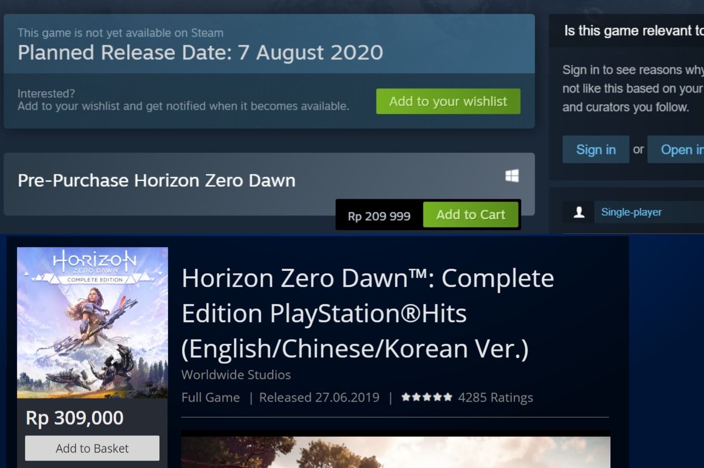 Perbedaan harga Horizon Zero Dawn di PC (Steam) dan Playstation Store.
