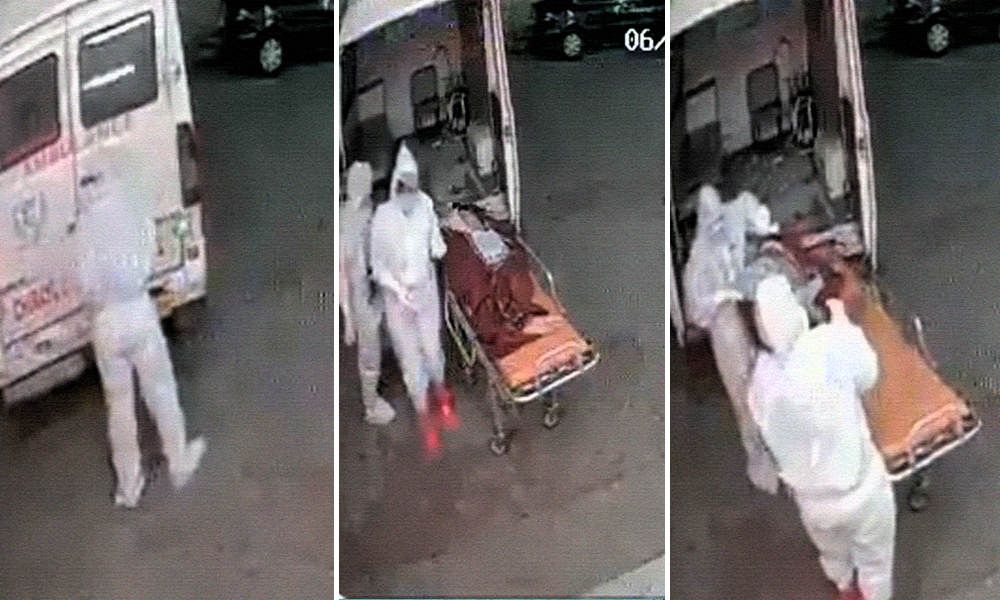 Tangkapan layar dua petugas medis membuang mayat korban virus corona di India