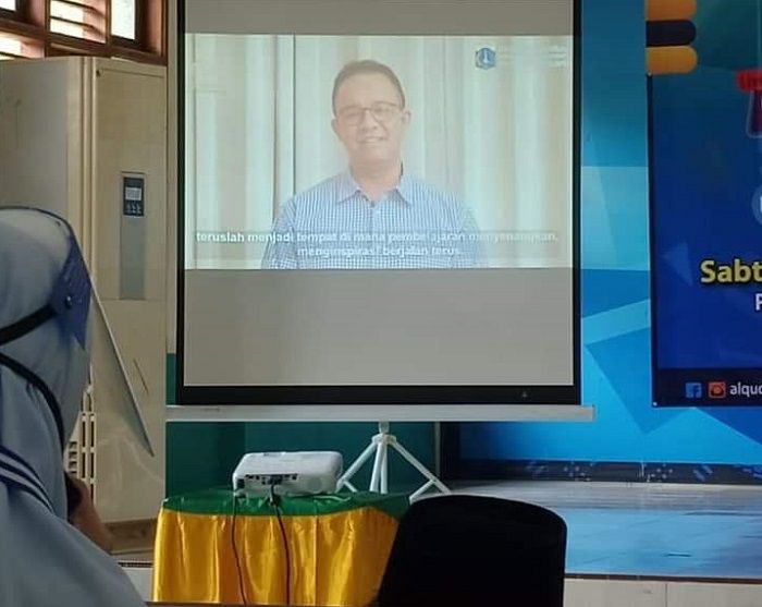 Momen saat mantan Menteri Pendidikan Anies Baswedan memberikan sambutan melalui aplikasi telekonferensi.