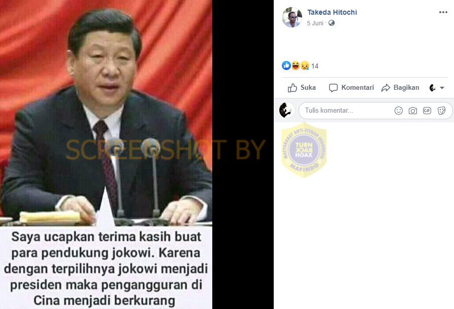 Tangkapan layar hoaks yang dibagikan di Facebook tentang Presiden Tiongkok, Xi Jinping.*/turnbackhoax.id