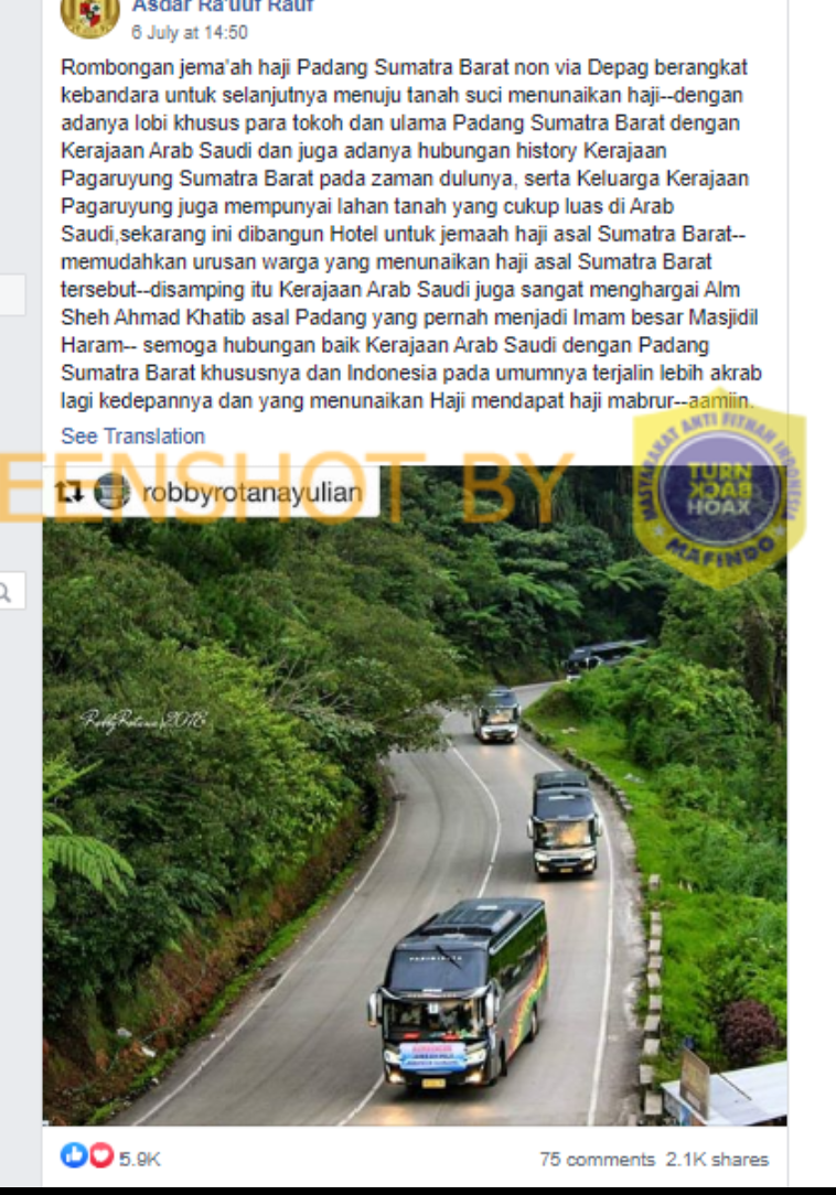 Tangkapan layar hoaks rombongan calon jemaah haji asal Padang Sumatera Barat yang pergi ke Tanah Suci tahun ini.*