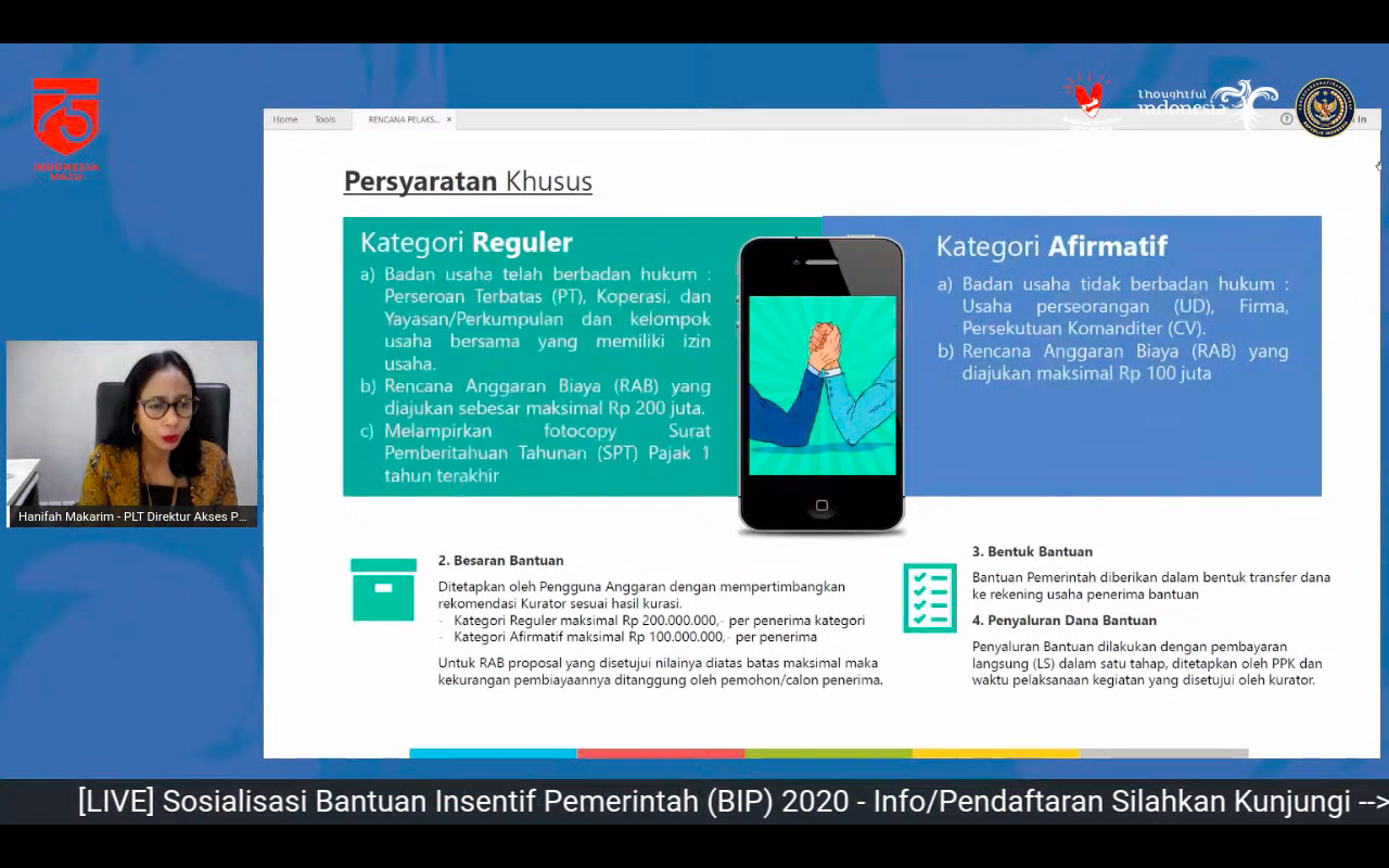 Screenshoot dari video sosialisasi Bantuan Incentive Pemerintah (BIP) 2020 Kemenparekraf