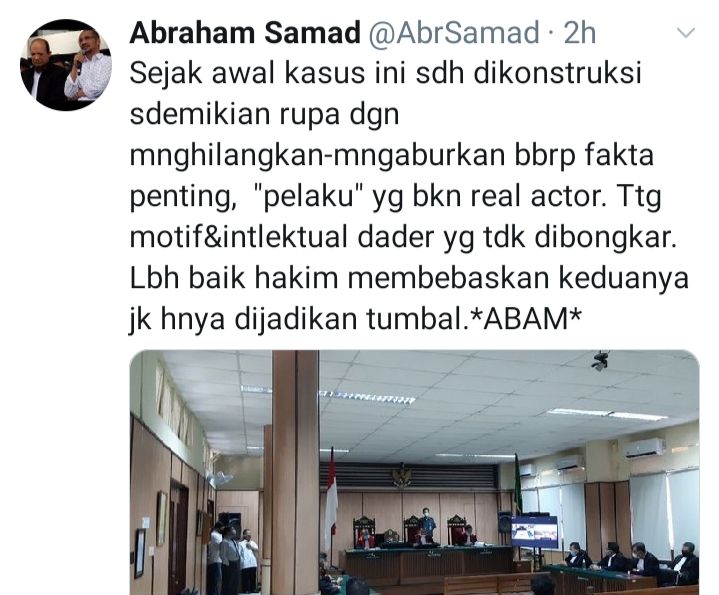 Tangkapan layar tekait pandangan Mantan Ketua KPK Abraham Samad tentang vonis hukuman terdakwa penyiraman air keras Novel Baswedan.*/Twitter/@AbrSamad