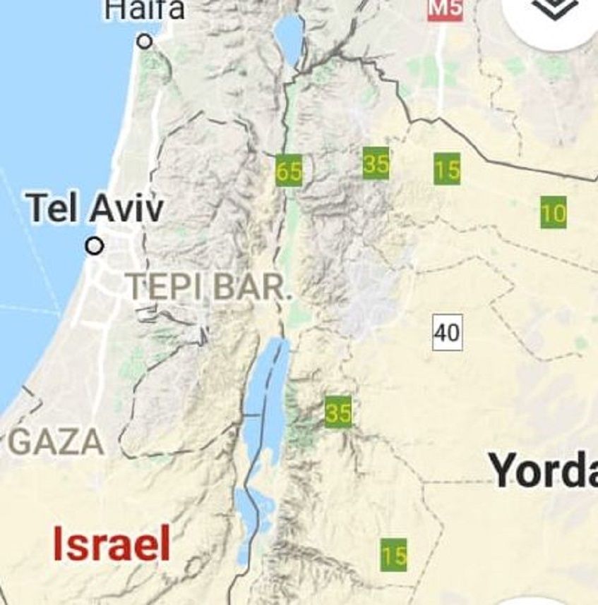 Tangkap Layar di Google Maps yang memperlihatkan wilayah Palestina tertulis Israel.