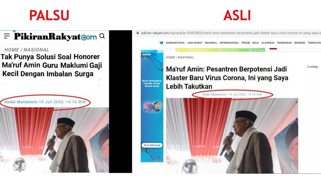 Perbandingan artikel asli Pikiran-Rakyat.com pada 19 Juli 2020 pukul 14.14 WIB dengan judul artikel suntingan.