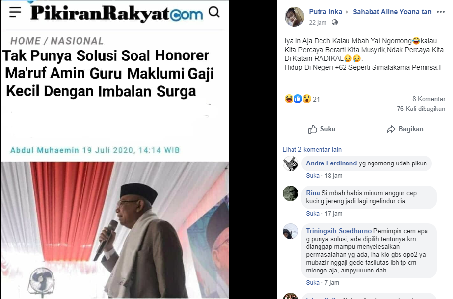 Unggahan hoaks dengan mengedit tangkapan layar artikel Pikiran Rakyat yang diunggah akun Facebook Putra Inka.