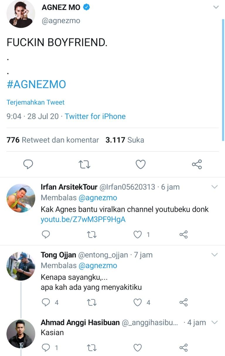 Agnez Mo tulis Fuckin Boyfriend di Twitter