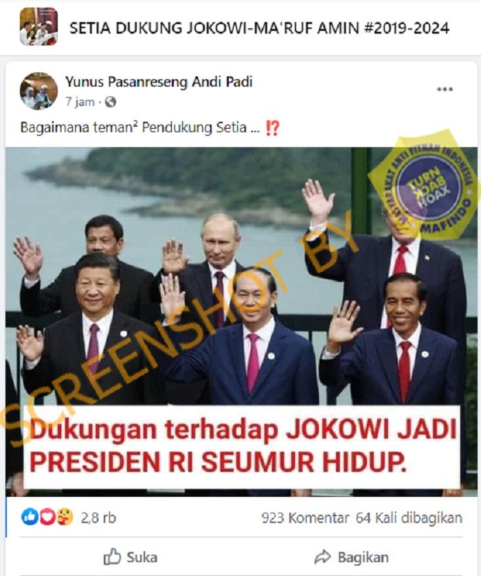 Unggahan Facebook yang menyatakan Jokowi didukung pemimpin dunia untuk jadi presiden RI seumur hidup.*