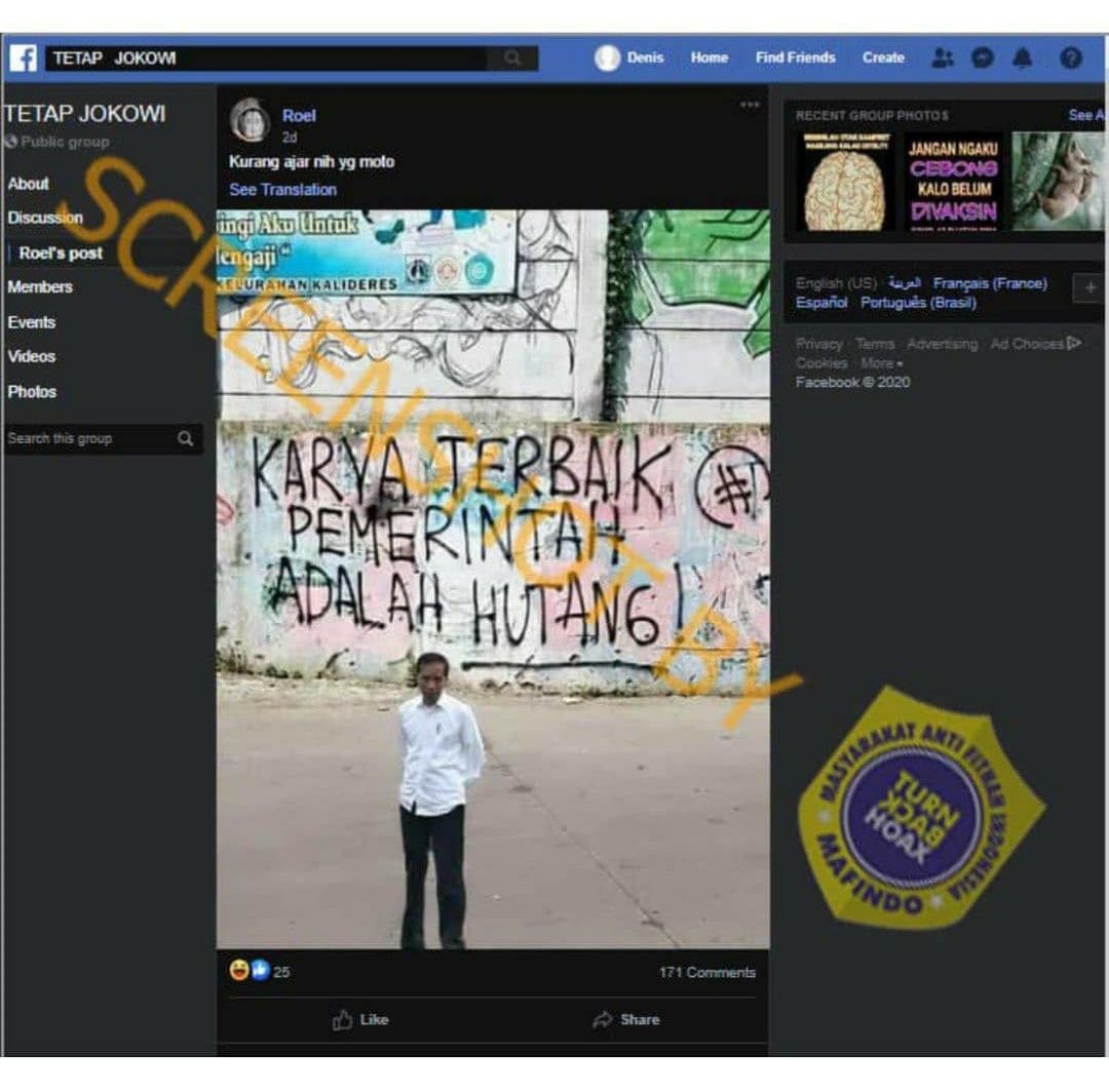 Tangkapan layar tudingan Joko Widodo berfoto di hadapan tembok vandalisme.