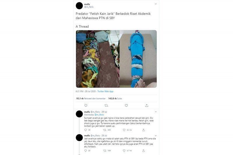 Tangkapan layar sebuah utas pemilik akun Twitter @m_fikris tentang fetish kain jarik berkedok riset. /Twitter/@m_fikris/NA
